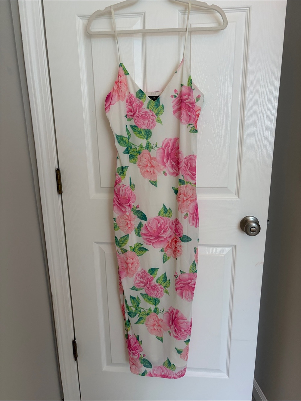White Midi Slip Dress with Pink Floral Print
